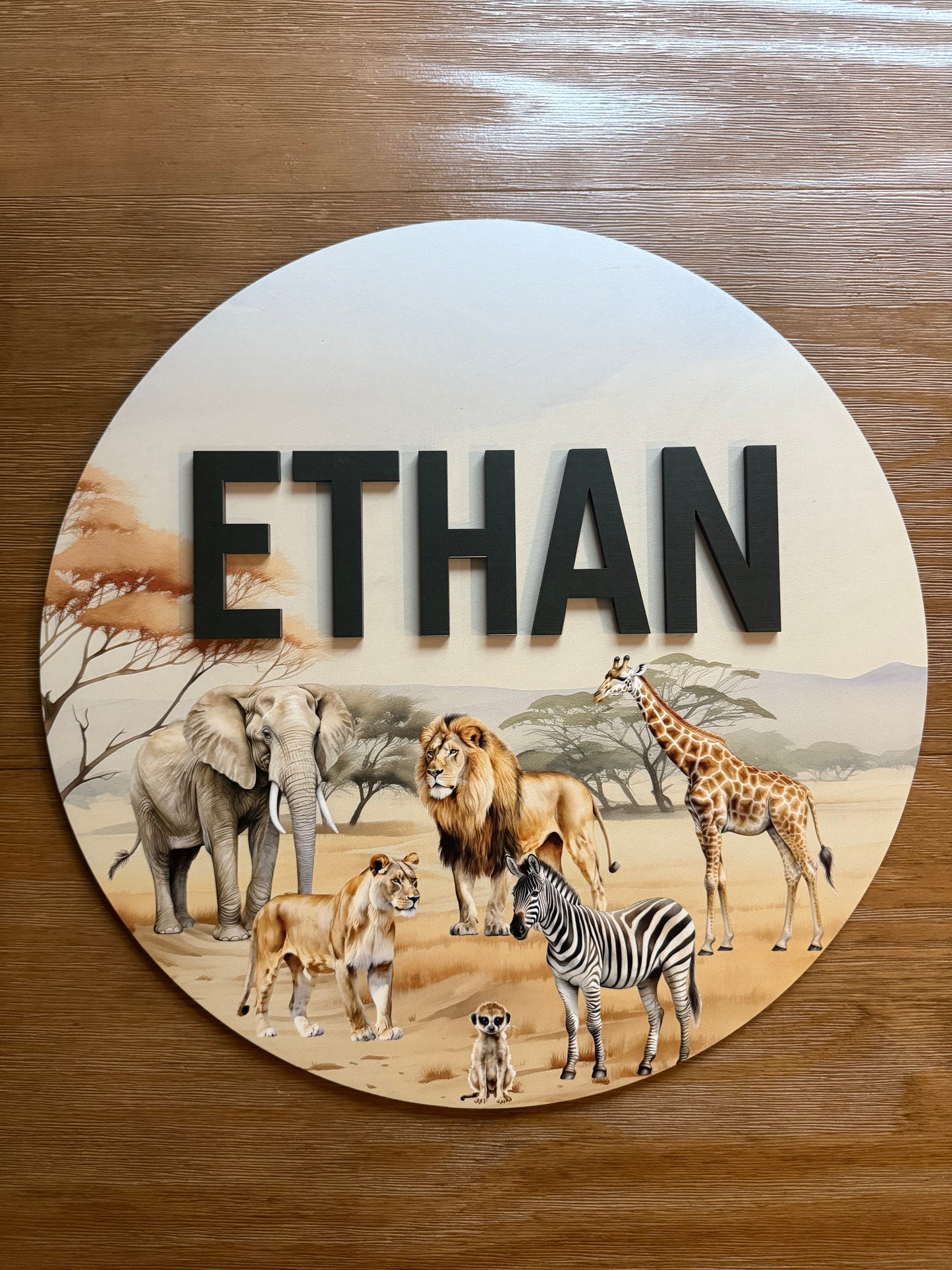 Round 3D Nursery Name Sign Safari Pattern
