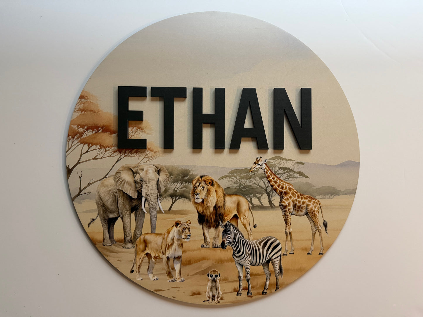 Round 3D Nursery Name Sign Safari Pattern