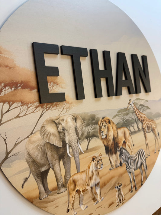 Round 3D Nursery Name Sign Safari Pattern
