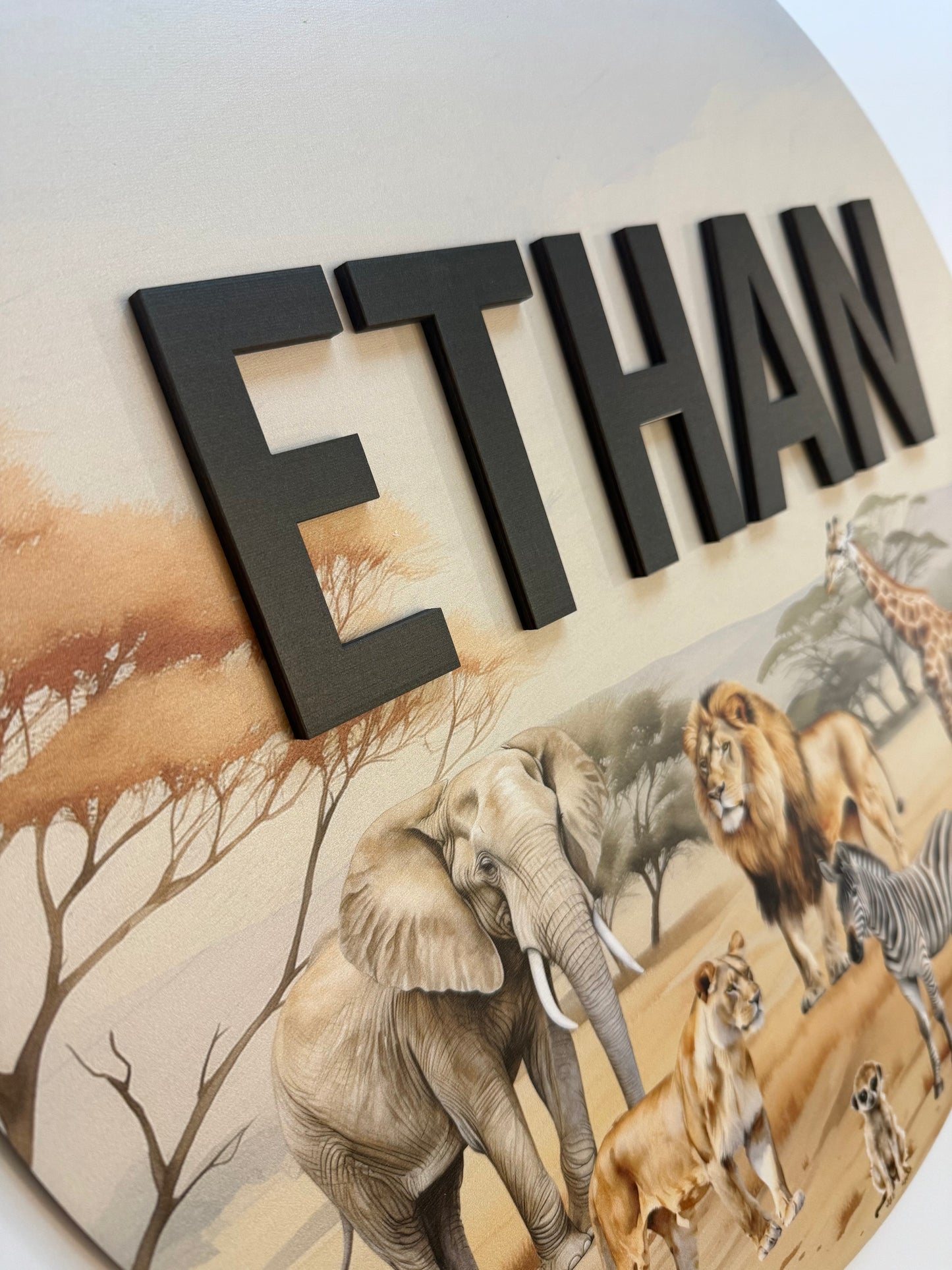 Round 3D Nursery Name Sign Safari Pattern