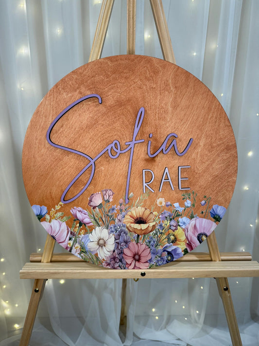 Round 3D Nursery Name Sign Wildflower