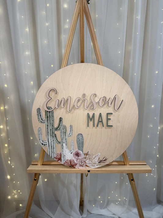 Round 3D Nursery Name Sign Boho Cactus Pattern