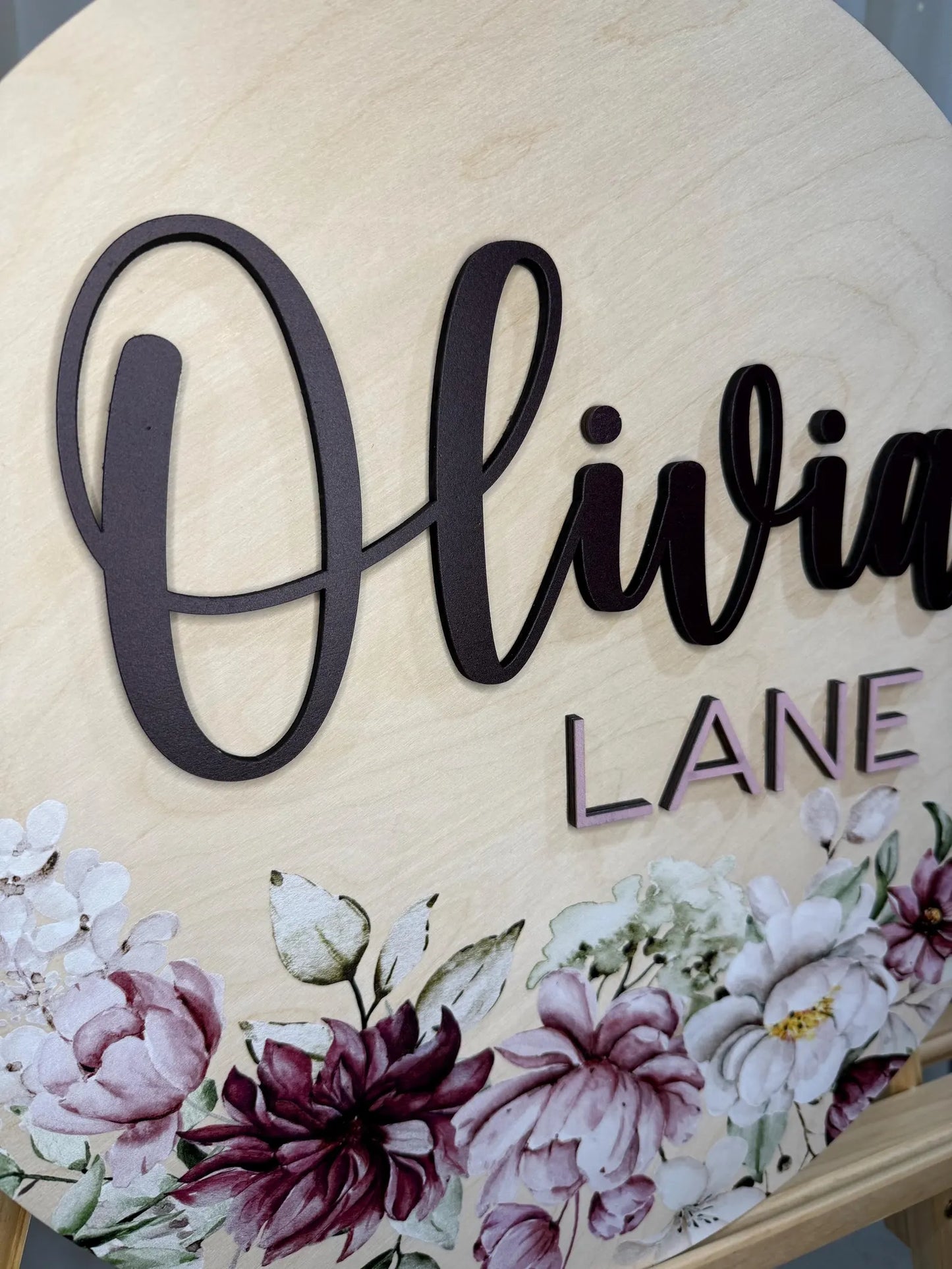Round 3D Nursery Name Sign Floral Pattern