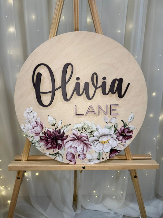 Round 3D Nursery Name Sign Floral Pattern