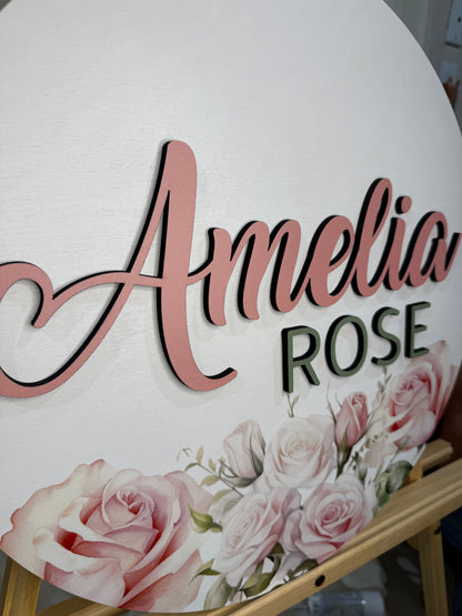Round 3D Nursery Name Sign Floral Pattern