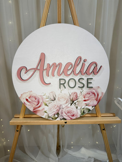 Round 3D Nursery Name Sign Floral Pattern