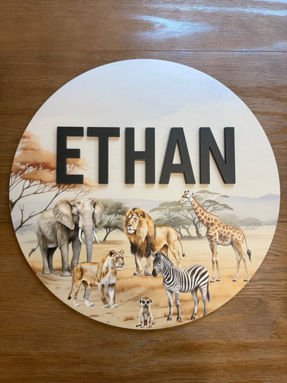 Round 3D Nursery Name Sign Safari Pattern