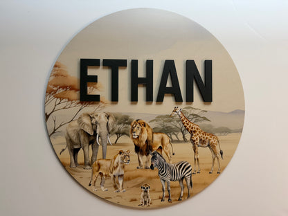 Round 3D Nursery Name Sign Safari Pattern