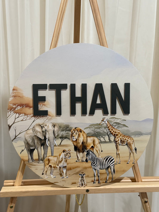 Round 3D Nursery Name Sign Safari Pattern