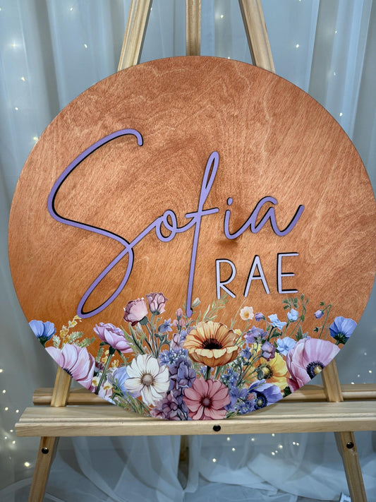 Round 3D Nursery Name Sign Wildflower