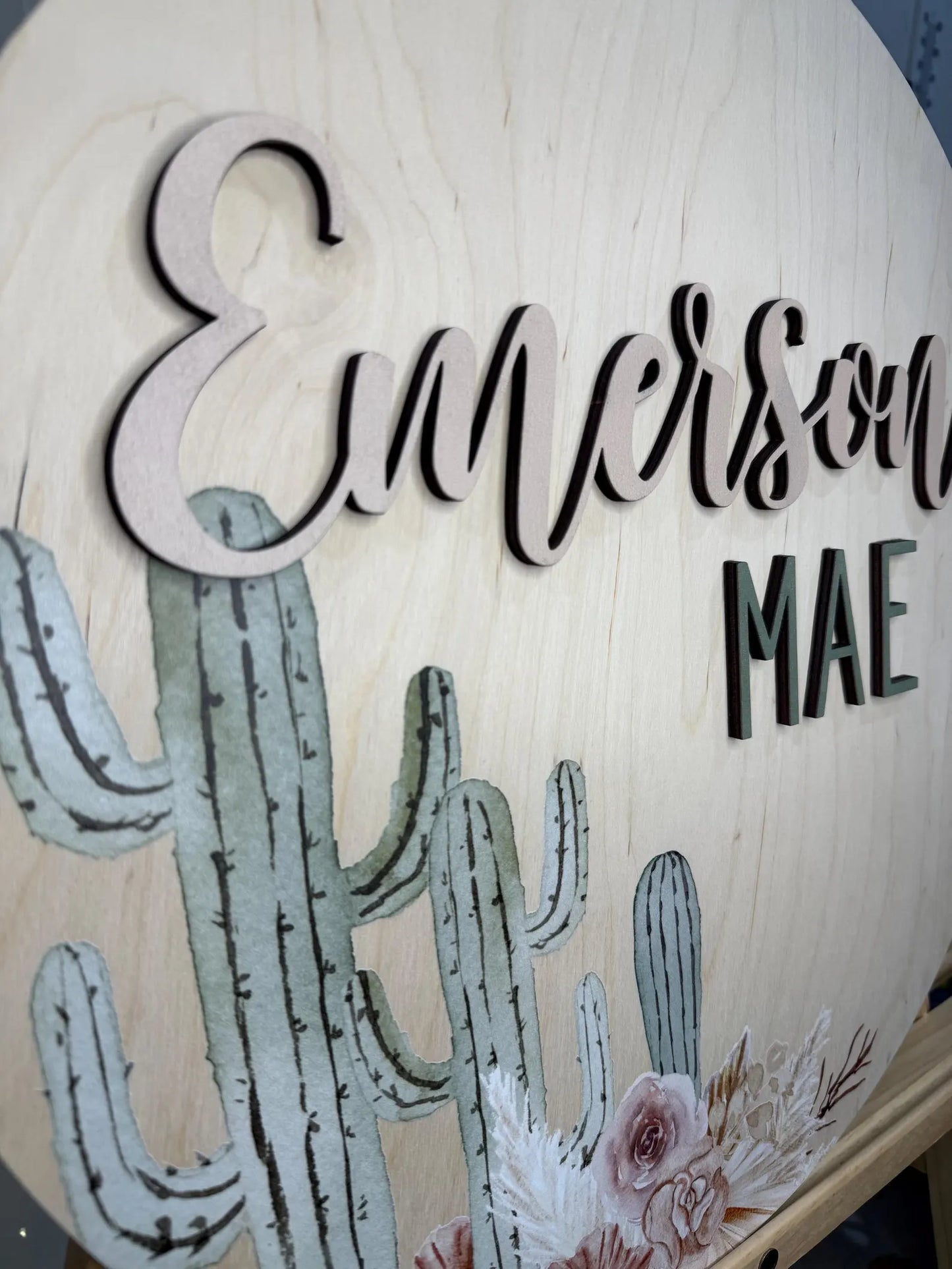 Round 3D Nursery Name Sign Boho Cactus Pattern