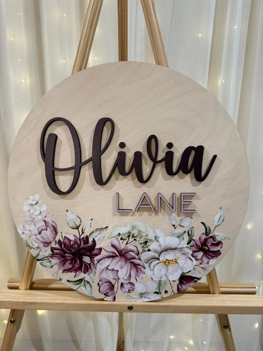 Round 3D Nursery Name Sign Floral Pattern