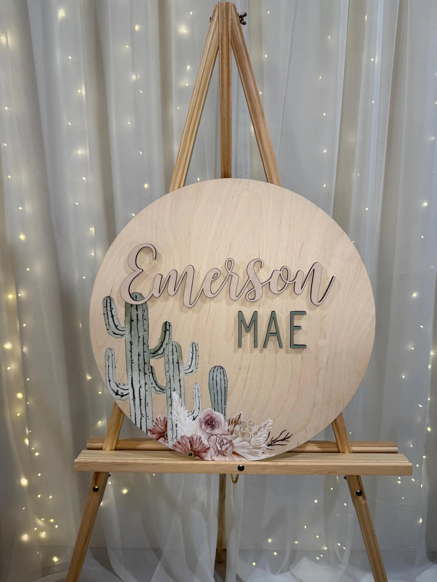 Round 3D Nursery Name Sign Boho Cactus Pattern