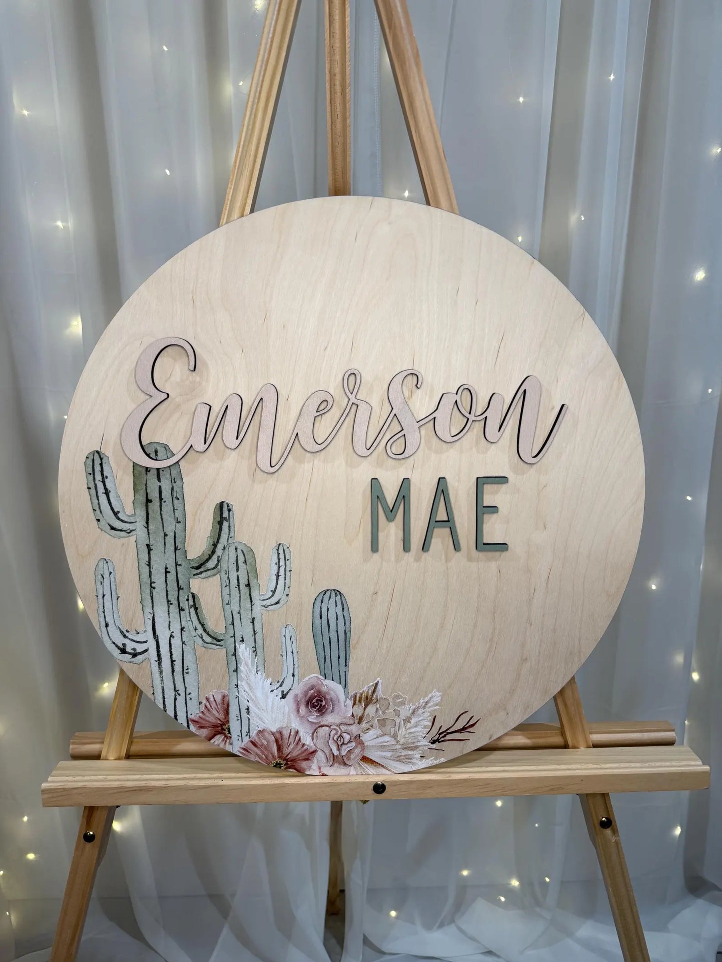 Round 3D Nursery Name Sign Boho Cactus Pattern