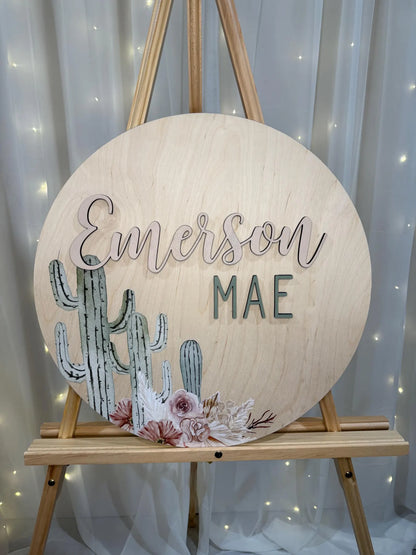 Round 3D Nursery Name Sign Boho Cactus Pattern