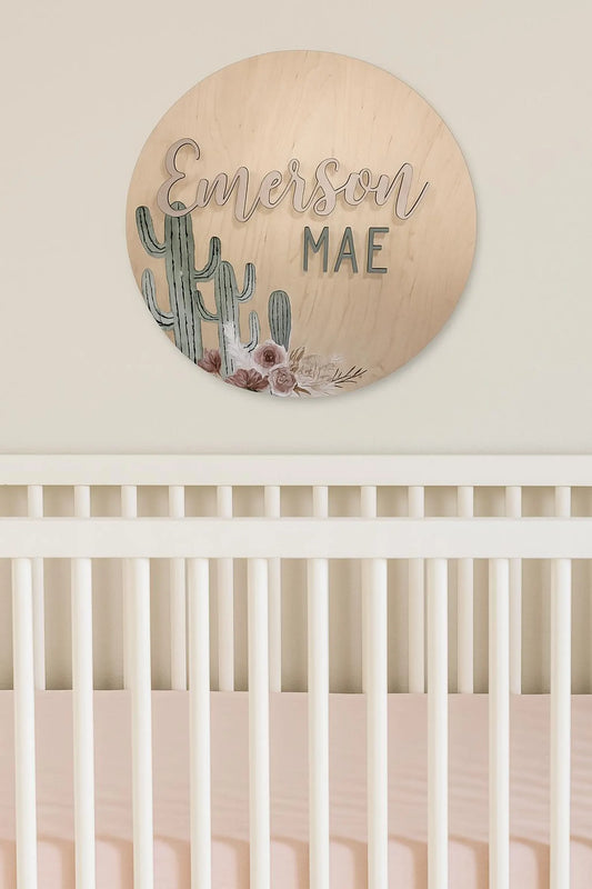 Round 3D Nursery Name Sign Boho Cactus Pattern