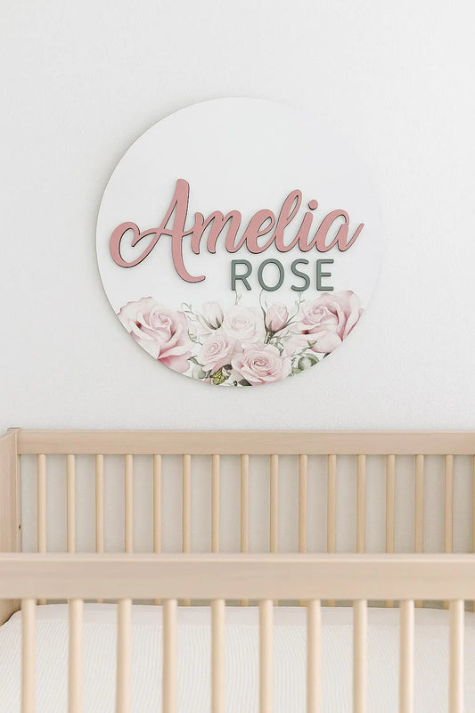 Round 3D Nursery Name Sign Floral Pattern