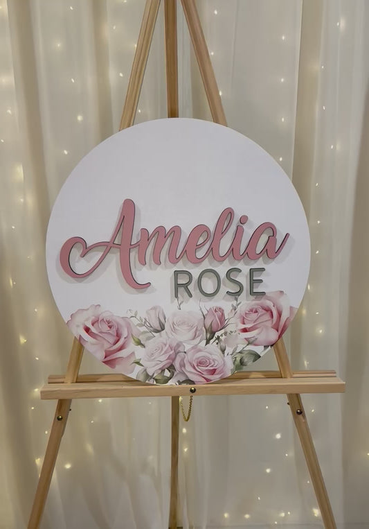 Round 3D Nursery Name Sign Floral Pattern