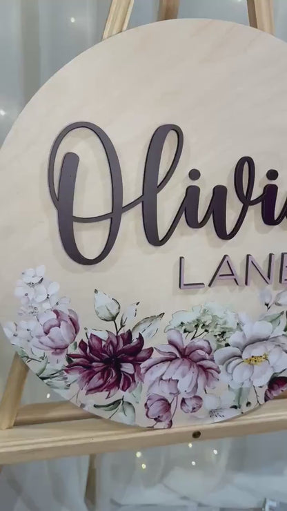 Round 3D Nursery Name Sign Floral Pattern